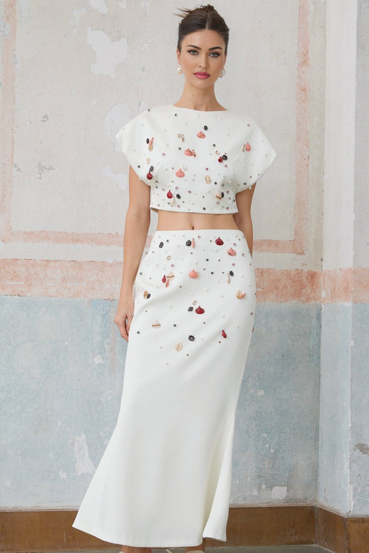 Giovanna White Skirt and Top Set Terylene Fiber Embellished with Shells Crystals and Faux-Pearls