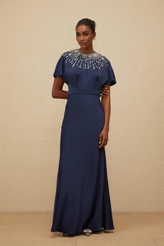 Giovannella Blue Maxi Dress Embellished with Crystals Sequins