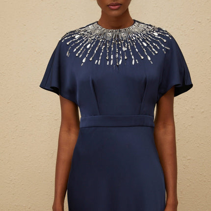 Giovannella Blue Maxi Dress Embellished with Crystals Sequins Satin Finish Open Back Cinched Waist Short Batwing Sleeves