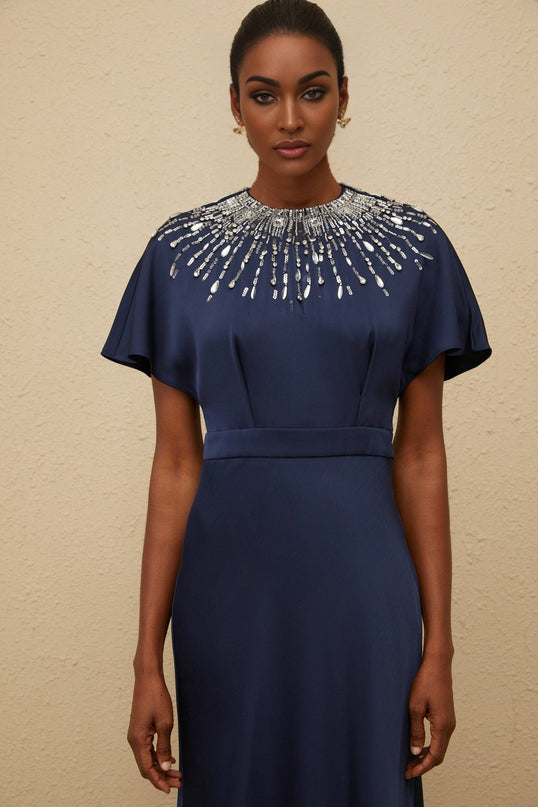 Giovannella Blue Maxi Dress Embellished with Crystals Sequins Satin Finish Open Back Cinched Waist Short Batwing Sleeves