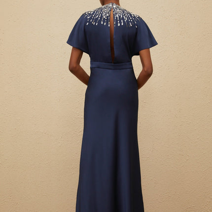 Giovannella Blue Maxi Dress Embellished with Crystals & Sequins Short Batwing Sleeves Cinched Waist Open Back Ribbon Fastening Satin Finish
