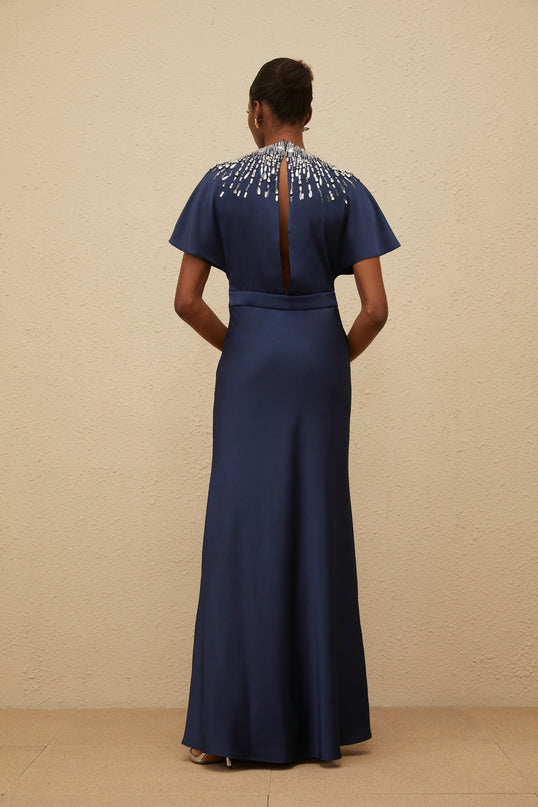 Giovannella Blue Maxi Dress Embellished with Crystals & Sequins Short Batwing Sleeves Cinched Waist Open Back Ribbon Fastening Satin Finish