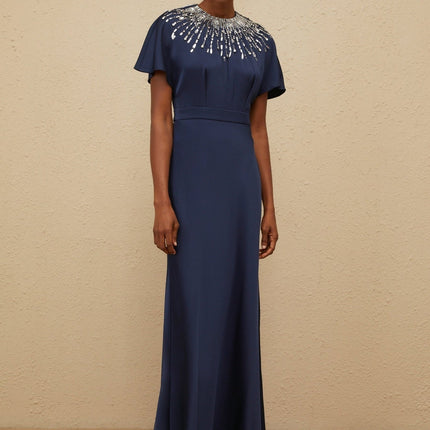 Giovannella Blue Maxi Dress Embellished with Crystals & Sequins Short Batwing Sleeves Cinched Waist Open Back Ribbon Fastening Satin Finish Terylene Fiber Glamorous Statement Entrance