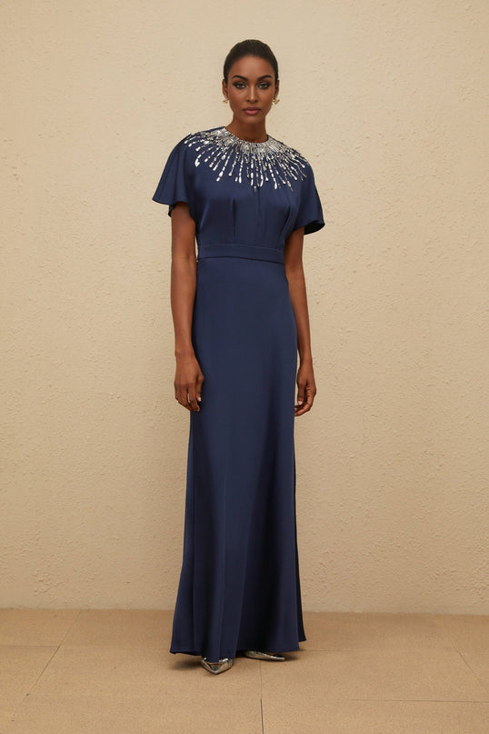 Giovannella Blue Maxi Dress Embellished with Crystals & Sequins Short Batwing Sleeves Cinched Waist Open Back Ribbon Fastening Satin Finish Terylene Fiber Glamorous Statement Entrance