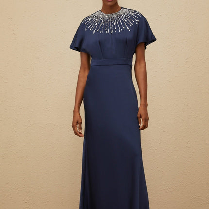 Giovannella Blue Maxi Dress Embellished with Crystals & Sequins