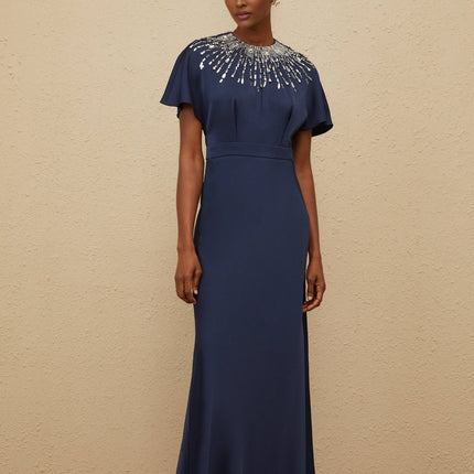 Giovannella Blue Maxi Dress Embellished with Crystals Sequins Short Batwing Sleeves Cinched Waist Open Back Ribbon Fastening Terylene Fiber Satin Finish Maxi Length Special Occasions Glamorous Statement Entrance