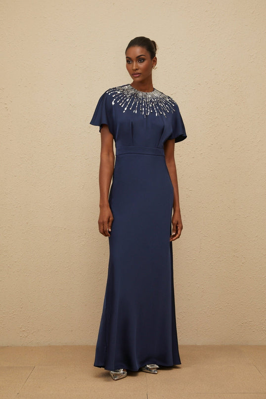 Giovannella Blue Maxi Dress Embellished with Crystals Sequins Short Batwing Sleeves Cinched Waist Open Back Ribbon Fastening Terylene Fiber Satin Finish Maxi Length Special Occasions Glamorous Statement Entrance
