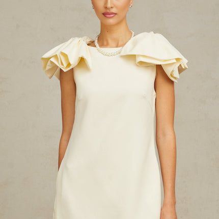 Giovannella Cream White Mini Dress Bateau Neck Sleeveless Bow Ruffled Hem Side Pockets Rear Zip Terylene Fiber Special Occasion