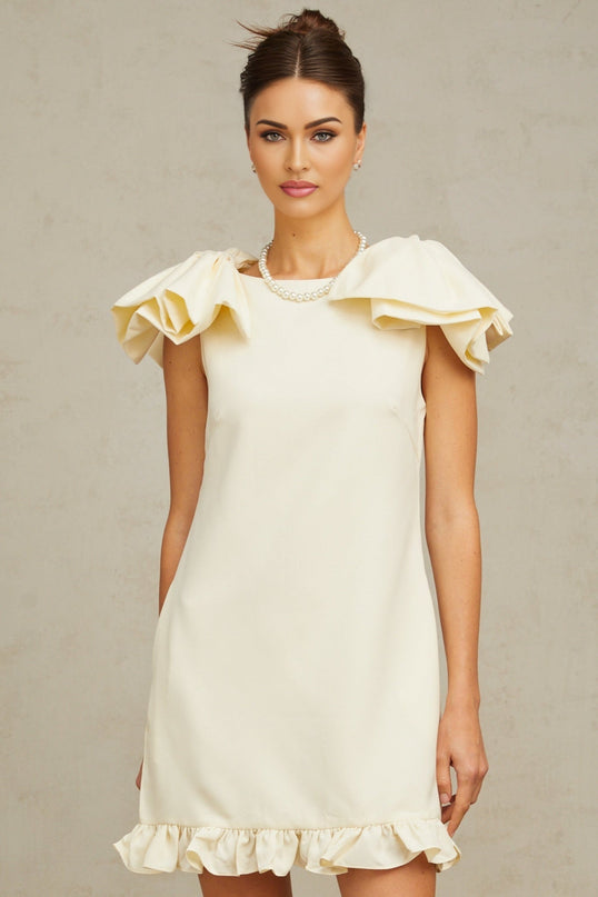 Giovannella Cream White Mini Dress Bateau Neck Sleeveless Bow Ruffled Hem Side Pockets Rear Zip Terylene Fiber Special Occasion