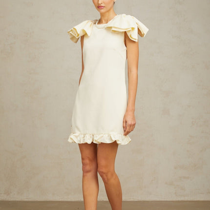 Giovannella Cream White Mini Dress Bateau Neck Sleeveless Bow Detail Ruffled Hem Side Pockets Rear Zip Terylene Fiber Special Occasion