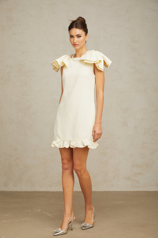 Giovannella Cream White Mini Dress Bateau Neck Sleeveless Bow Detail Ruffled Hem Side Pockets Rear Zip Terylene Fiber Special Occasion