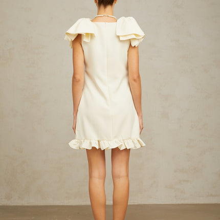Giovannella Cream White Mini Dress Bateau Neck Sleeveless Bow Detailing Ruffled Hem Side Pockets Rear Zip Terylene Fiber Special Occasion