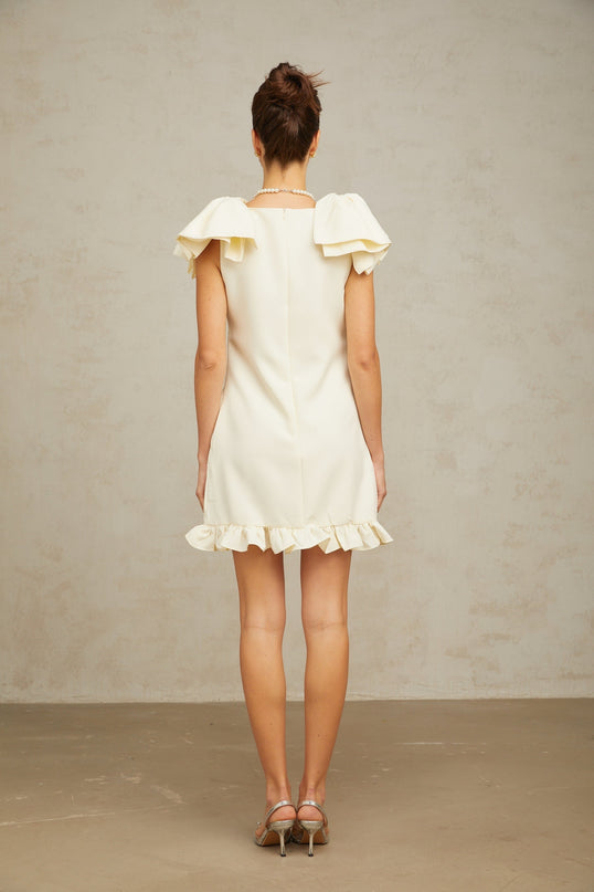 Giovannella Cream White Mini Dress Bateau Neck Sleeveless Bow Detailing Ruffled Hem Side Pockets Rear Zip Terylene Fiber Special Occasion