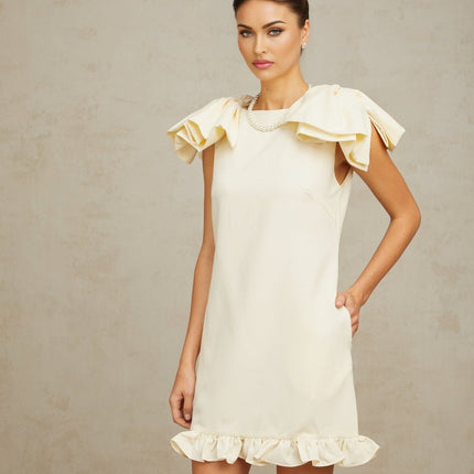 Giovannella Cream White Mini Dress Bateau Neck Sleeveless Bow Ruffled Hem Thigh-Length Side Pockets Rear Zip 100% Terylene Fiber Special Occasion Elegance Sophistication Fashion Function Luxury