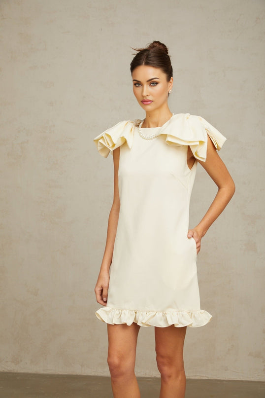 Giovannella Cream White Mini Dress Bateau Neck Sleeveless Bow Ruffled Hem Thigh-Length Side Pockets Rear Zip 100% Terylene Fiber Special Occasion Elegance Sophistication Fashion Function Luxury