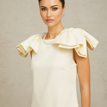Giovannella Cream White Mini Dress Bateau Neck Sleeveless Bow Detail Ruffled Hem Thigh-Length Side Slip Pockets Rear Zip Fastening Terylene Fiber Special Occasion