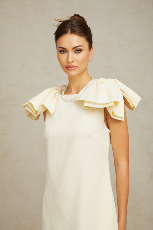 Giovannella Cream White Mini Dress Bateau Neck Sleeveless Bow Detail Ruffled Hem Thigh-Length Side Slip Pockets Rear Zip Fastening Terylene Fiber Special Occasion