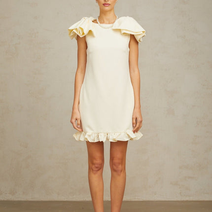 Giovannella Cream White Mini Dress Bateau Neck Sleeveless Bow Detail Ruffled Hem Side Pockets Rear Zip Terylene Fiber Special Occasion