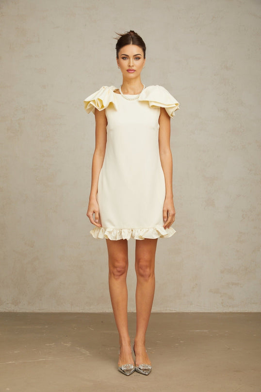 Giovannella Cream White Mini Dress Bateau Neck Sleeveless Bow Detail Ruffled Hem Side Pockets Rear Zip Terylene Fiber Special Occasion