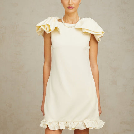 Giovannella Cream White Mini Dress Bateau Neck Sleeveless Bow Detail Ruffled Hem Thigh Length Side Pockets Rear Zip Terylene Fiber Special Occasion