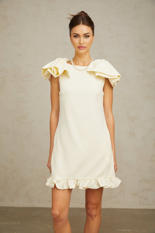 Giovannella Cream White Mini Dress Bateau Neck Sleeveless Bow Detail Ruffled Hem Thigh Length Side Pockets Rear Zip Terylene Fiber Special Occasion
