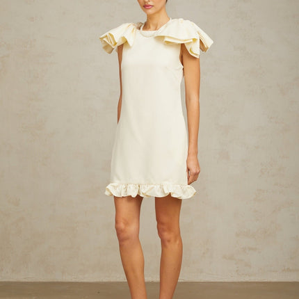 Giovannella Cream White Mini Dress Bateau Neck Sleeveless Bow Detail Ruffled Hem Side Pockets Zip Fastening Terylene Fiber Special Occasion
