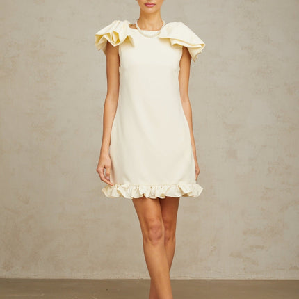 Giovannella Cream White Mini Dress Bateau Neck Sleeveless Bow Ruffled Hem Thigh-Length Side Pockets Zip Fastening Terylene Fiber Special Occasion