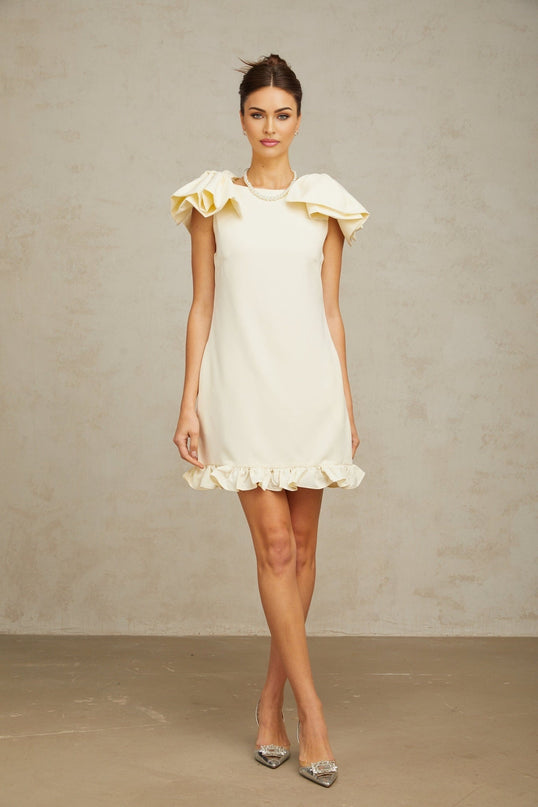 Giovannella Cream White Mini Dress Bateau Neck Sleeveless Bow Ruffled Hem Thigh-Length Side Pockets Zip Fastening Terylene Fiber Special Occasion