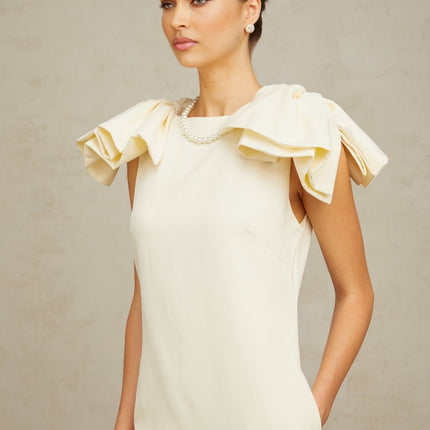 Giovannella Cream White Mini Dress Bateau Neck Sleeveless Bow Detail Ruffled Hem Thigh-Length Side Pockets Rear Zip 100% Terylene Fiber Special Occasion Elegant Sophisticated