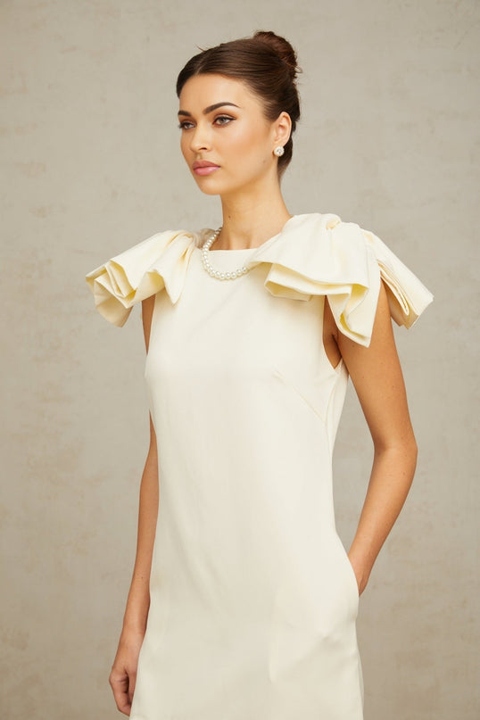 Giovannella Cream White Mini Dress Bateau Neck Sleeveless Bow Detail Ruffled Hem Thigh-Length Side Pockets Rear Zip 100% Terylene Fiber Special Occasion Elegant Sophisticated