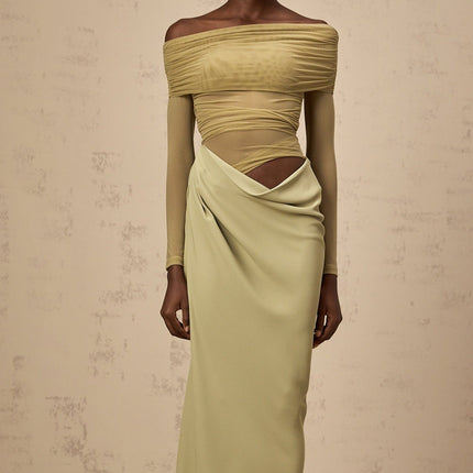 Giovannella Green Midi Dress with Off-the-Shoulder Design and Tulle Panelling