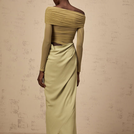 Giovannella Green Midi Dress with Off-the-Shoulder Design and Tulle Panelling