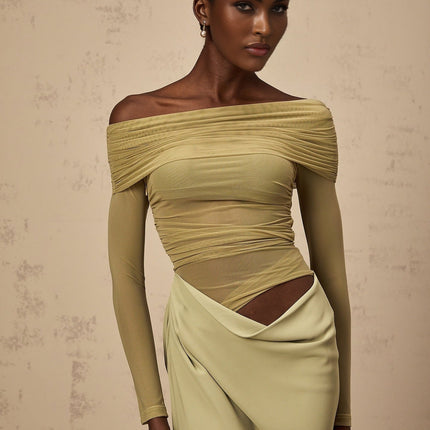 Giovannella Green Midi Dress with Off-the-Shoulder Design and Ruched Detailing