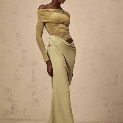 Giovannella Green Midi Dress with Off-the-Shoulder Design and Tulle Panelling