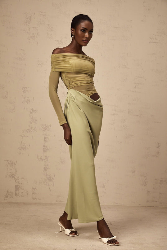 Giovannella Green Midi Dress with Off-the-Shoulder Design and Tulle Panelling