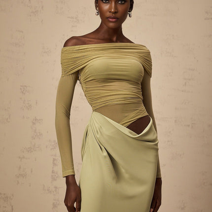 Giovannella Green Midi Dress with Off-the-Shoulder Design and Tulle Panelling