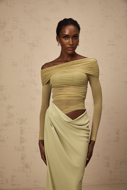 Giovannella Green Midi Dress with Off-the-Shoulder Design and Tulle Panelling