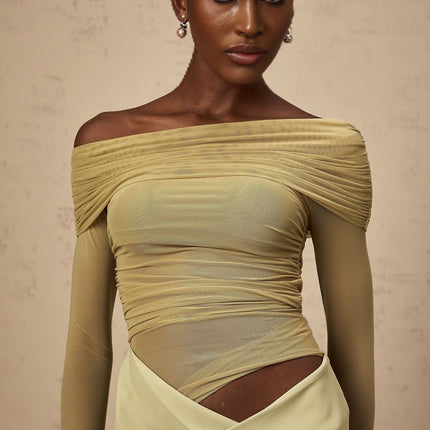Giovannella Green Midi Dress with Off-the-Shoulder Design and Tulle Panelling