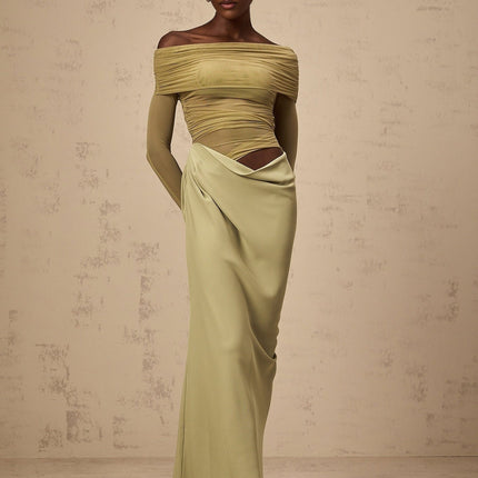Giovannella Green Midi Dress with Off-the-Shoulder Design and Tulle Paneling