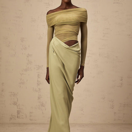 Giovannella Green Midi Dress with Off-the-Shoulder Design and Tulle Panelling