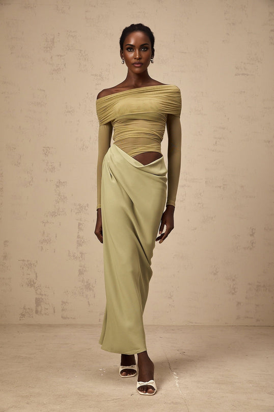 Giovannella Green Midi Dress with Off-the-Shoulder Design and Tulle Panelling