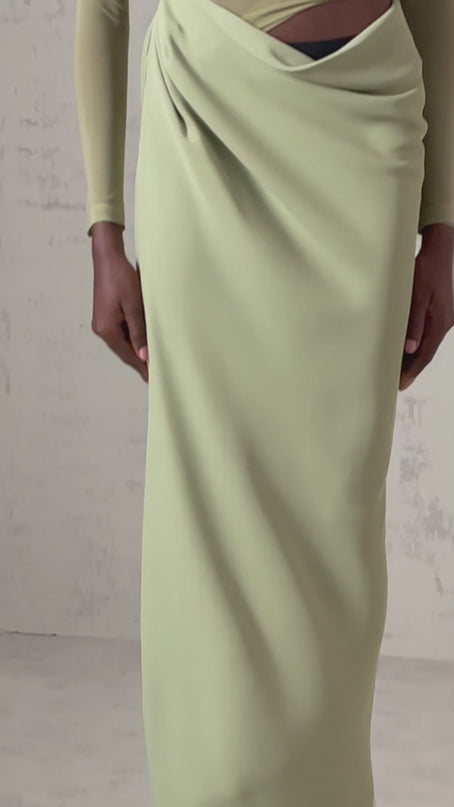 Giovannella Green Midi Dress with Off-the-Shoulder Design and Ruched Detailing