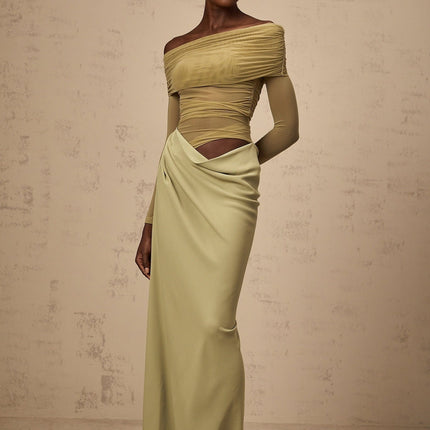 Giovannella Green Midi Dress with Off-Shoulder Design and Ruched Detailing