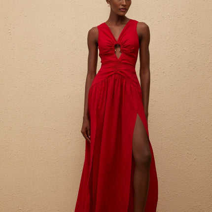 Giovannella Midi Dress in captivating red V-neck sleeveless fitted waistline keyhole ruched pleated skirt side slit rear zip fastening luxurious blend Terylene Spandex modern woman elegance allure drama sophistication
