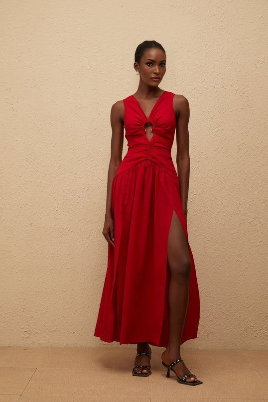 Giovannella Midi Dress in captivating red V-neck sleeveless fitted waistline keyhole ruched pleated skirt side slit rear zip fastening luxurious blend Terylene Spandex modern woman elegance allure drama sophistication
