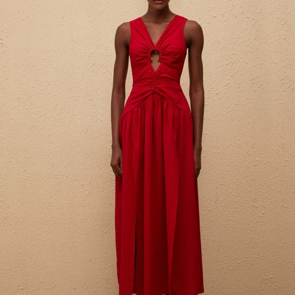Giovannella Midi Dress in captivating red V-neck sleeveless fitted waistline keyhole ruched detailing pleated skirt side slit rear zip fastening luxurious blend of Terylene fiber and Spandex