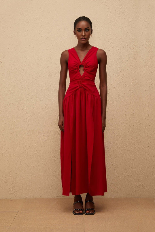 Giovannella Midi Dress in captivating red V-neck sleeveless fitted waistline keyhole ruched detailing pleated skirt side slit rear zip fastening luxurious blend of Terylene fiber and Spandex