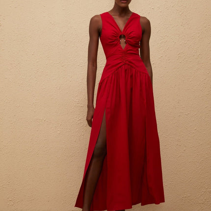 Giovannella Midi Dress in captivating Red V-neck Sleeveless Fitted Waistline Keyhole Ruched Detailing Pleated Skirt Side Slit Rear Zip Fastening Luxurious Blend of Terylene Fiber and Spandex Modern Woman Sophistication