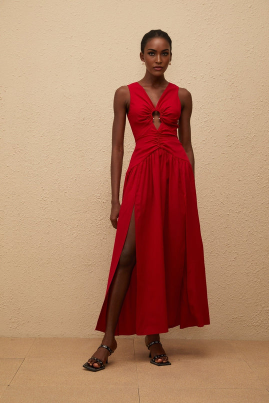 Giovannella Midi Dress in captivating Red V-neck Sleeveless Fitted Waistline Keyhole Ruched Detailing Pleated Skirt Side Slit Rear Zip Fastening Luxurious Blend of Terylene Fiber and Spandex Modern Woman Sophistication