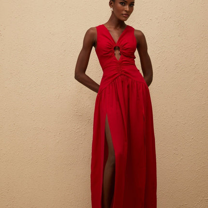 Giovannella Midi Dress in captivating red V-neck sleeveless fitted waistline keyhole ruched pleated skirt side slit rear zip fastening luxurious blend Terylene Spandex modern woman